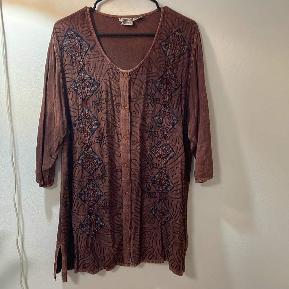 Vintage bohemian embroidered tunic button down top